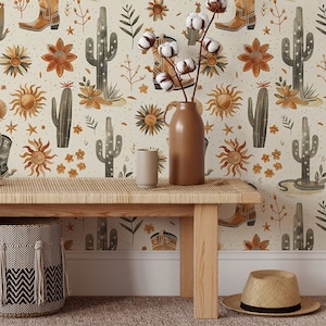 Wild West Cowboy Theme Temporary Wallpaper - Boho Style Western Cactus, Sun and Cowboys Boots Self Adhesive Wallcovering for Renters