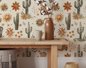 Wild West Cowboy Theme Temporary Wallpaper - Boho Style Western Cactus, Sun and Cowboys Boots Self Adhesive Wallcovering for Renters EZW76