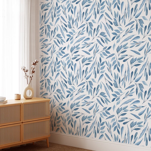Peel and Stick Wallpaper Light Blue Removable Wallpaper Wallpaper Floral Blue Floral Nursery Wallpaper Botanical Mural Blue Floral Wallpaper