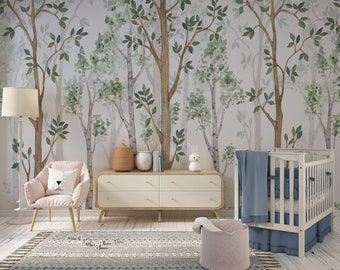 Peel and Stick Wallpaper Forest Wallpaper Forest Mural Wallpaper Mural Watercolor Wallpaper Nursery Wallpaper Kids Wallpaper