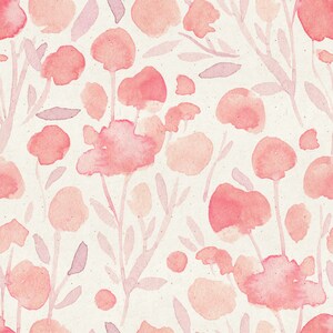 May include: A seamless pattern featuring pink watercolor flowers and leaves on a cream background. The design is perfect for adding a touch of delicate beauty to any project.