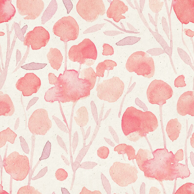 May include: A seamless pattern featuring pink watercolor flowers and leaves on a cream background. The design is perfect for adding a touch of delicate beauty to any project.