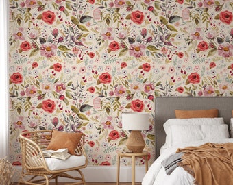 Peel and Stick Wallpaper Floral Flower Wallpaper Vintage Wallpaper Nursery Wallpaper Removable Mural Flower Wallpaper Rose Wallpaper