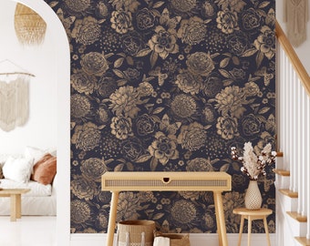 Removable Wallpaper Floral Peel and Stick Wallpaper Vintage Dark Floral Mural Wallpaper Mural Walldecor Vintage Mural Botanical Wallpaper