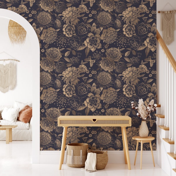 Removable Wallpaper Floral Peel and Stick Wallpaper Vintage Dark Floral Mural Wallpaper Mural Walldecor Vintage Mural Botanical Wallpaper