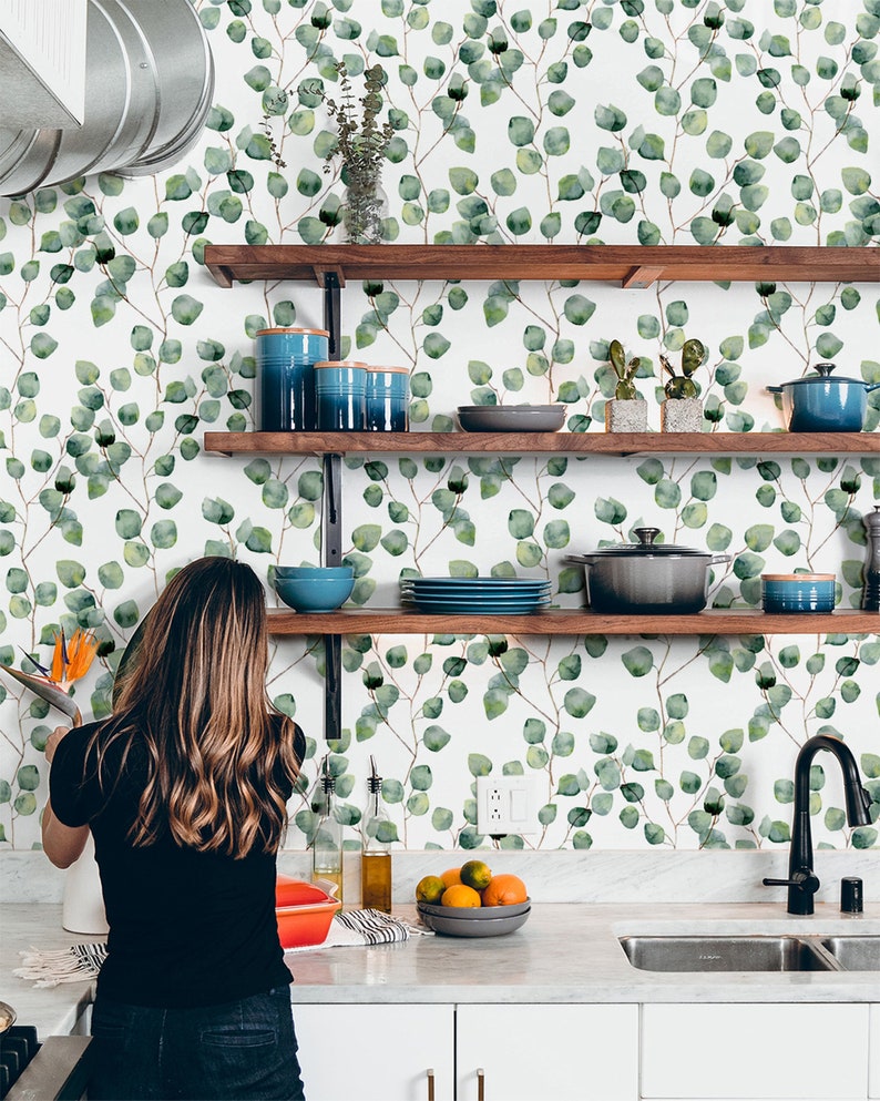 Removable Wallpaper Eucalyptus Mural Wallpaper Botanical Green Etsy