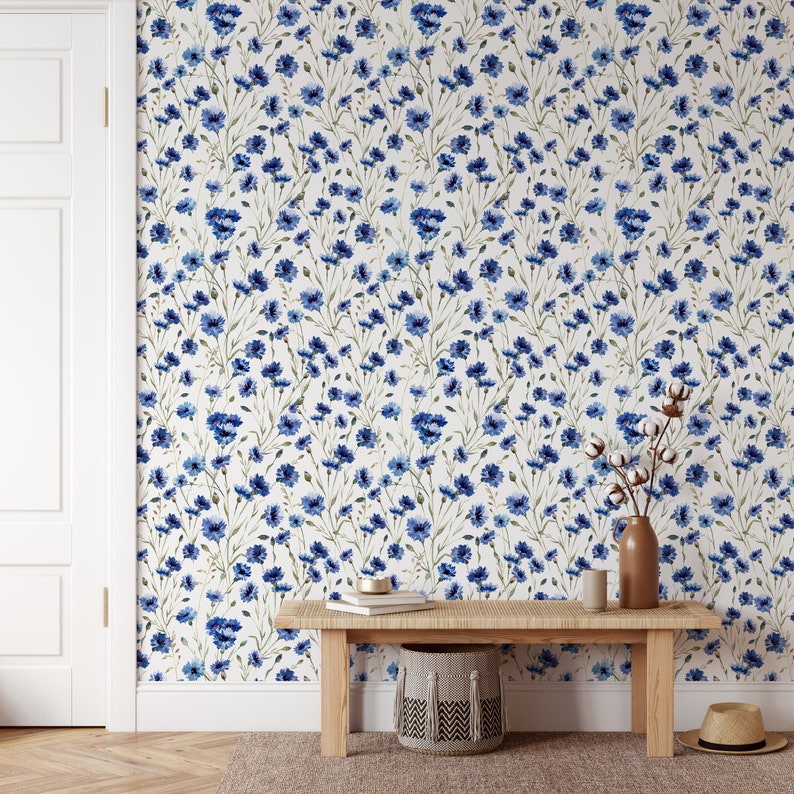 Peel and Stick Wallpaper Blue Wallpaper Floral Wallpaper Etsy