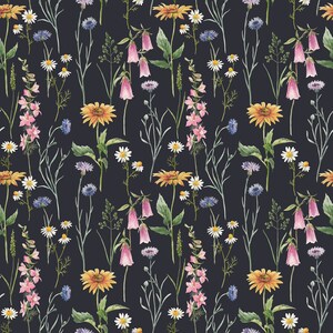 May include: A seamless pattern featuring watercolor illustrations of various wildflowers on a dark blue background. The flowers include daisies, cornflowers, bellflowers, and sunflowers.