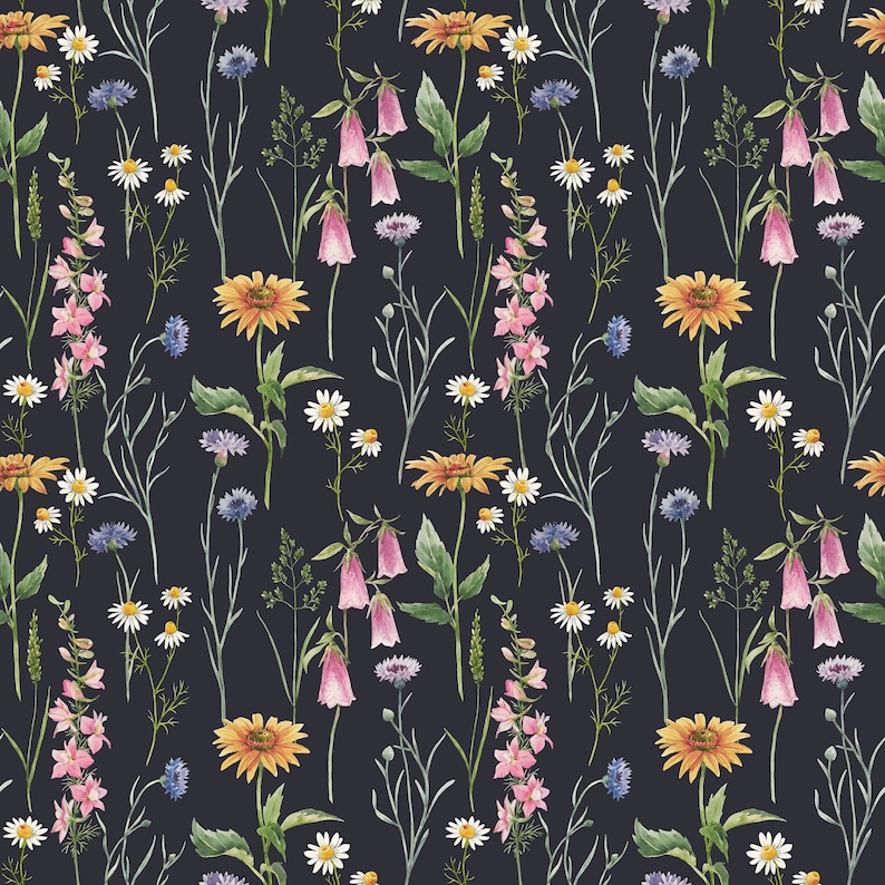 May include: A seamless pattern featuring watercolor illustrations of various wildflowers on a dark blue background. The flowers include daisies, cornflowers, bellflowers, and sunflowers.
