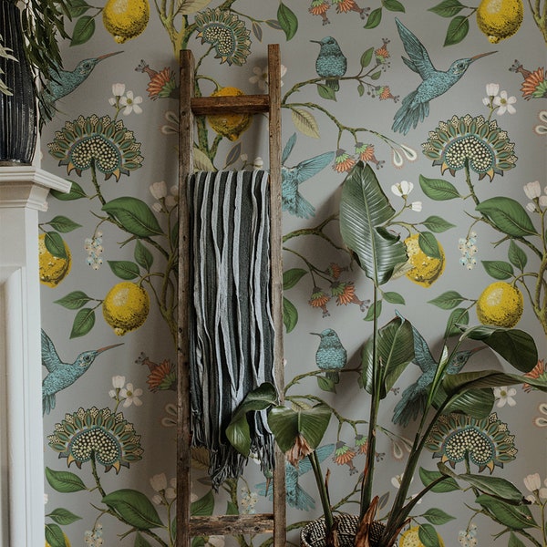 Removable Wallpaper Vintage Lemons Peel and Stick Wallpaper Tropical Hummingbird Mural Floral Self Adhesive Gray Wallpaper Lemon Tree