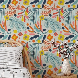 Bright Colorful Scandinavian Flower Wallpaper Peel and Stick - Self Adhesive Modern Botanical Garden Print Temporary Wallpaper for Renters
