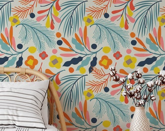 Bright Colorful Scandinavian Flower Wallpaper Peel and Stick - Self Adhesive Modern Botanical Garden Print Temporary Wallpaper for Renters