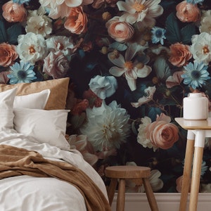 Dark Vintage Moody Flower Temporary Wallpaper Peel and Stick - Botanical Modern Dark Floral Home Decor, Luxury Removable Wallcovering 02