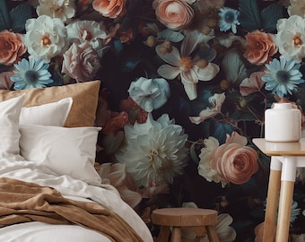 Dark Vintage Moody Flower Temporary Wallpaper Peel and Stick - Botanical Modern Dark Floral Home Decor, Luxury Removable Wallcovering 02