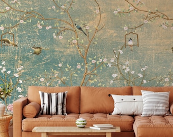 Peel and Stick Wallpaper Vintage Florals on grunge wall Birds Green and Rose Sakura Chinoiserie Wallpaper Removable Wallpaper Wall Mural