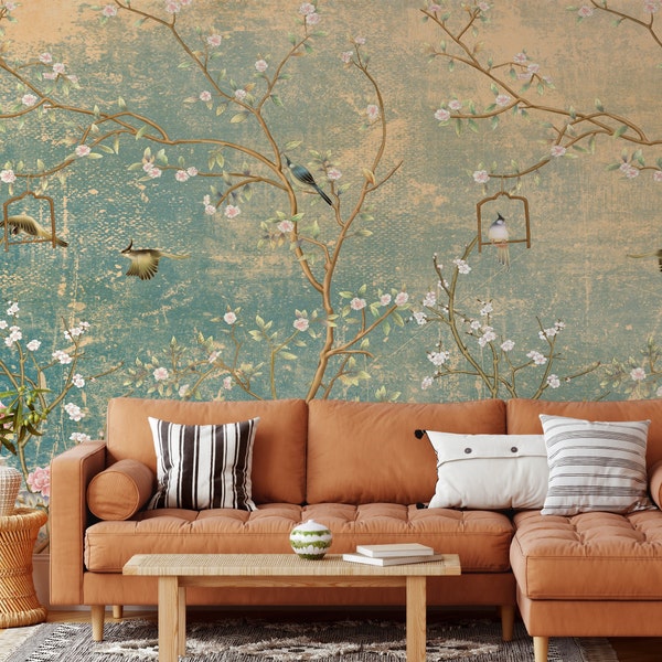 Peel and Stick Wallpaper Vintage Florals on grunge wall Birds Green and Rose Sakura Chinoiserie Wallpaper Removable Wallpaper Wall Mural