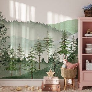 Pine Tree Wallpaper Forest Kids Wallpaper Forest Wall Mural Peel and Stick Mural Landscape Wall Mural Watercolor Wallpaper Kids Wall Art