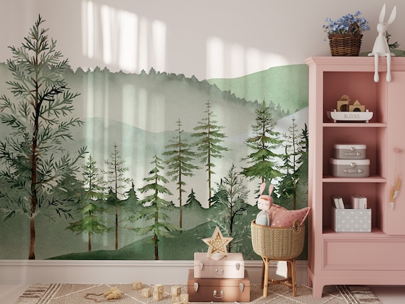 Pine Tree Wallpaper Forest Kids Wallpaper Forest Wall Mural Peel and Stick Mural Landscape Wall Mural Watercolor Wallpaper Kids Wall Art