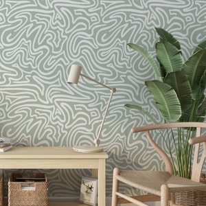 Green Scandinavian Design Removable Wallpaper - Boho Minimalist Abstract Line Self Adhesive Wallpaper - Temporary Wallpaper for Renters