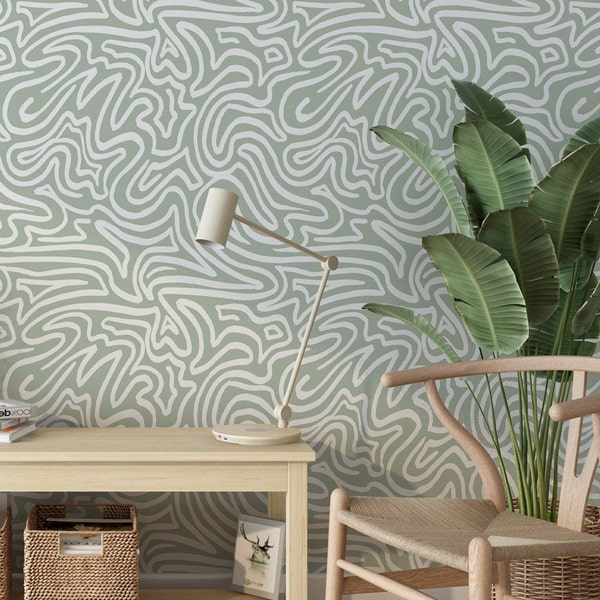 Green Scandinavian Design Removable Wallpaper - Boho Minimalist Abstract Line Self Adhesive Wallpaper - Temporary Wallpaper for Renters