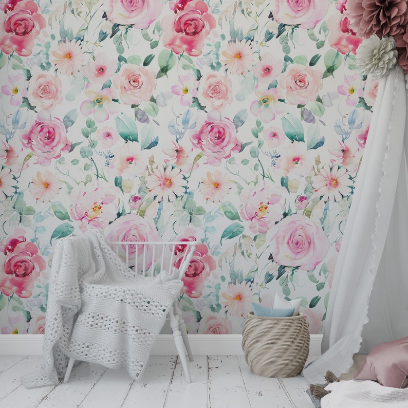 Peel and Stick Wallpaper Floral Watercolor Flowers Girls Room Wall Art ...