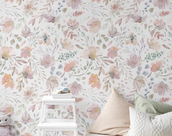 Removable Wallpaper Watercolor Floral Peel and Stick Wallpaper Wall Art Floral Prints Girls Room Wallpaper