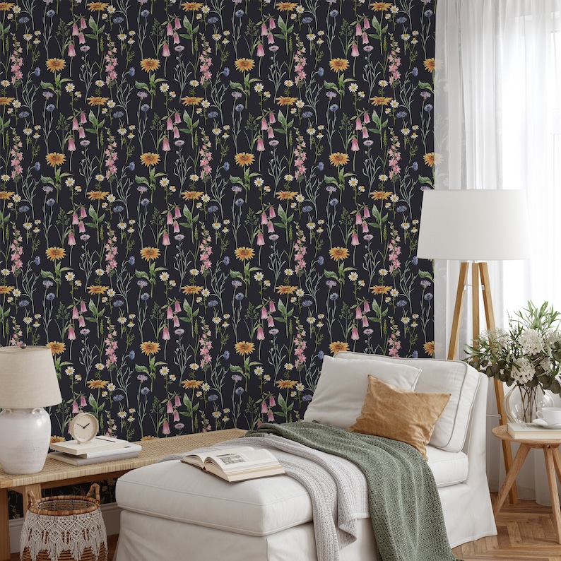 May include: A dark blue wallpaper with a repeating pattern of colorful wildflowers. The wallpaper features a variety of flowers, including daisies, bells, and sunflowers.