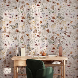 Butterfly Peel and Stick Wallpaper Floral Wall Mural Unique Wallpaper Watercolor Botanical Wallpaper Butterfly Girls Room Wallpaper EW44