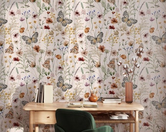 Butterfly Peel and Stick Wallpaper Floral Wall Mural Unique Wallpaper Watercolor Botanical Wallpaper Butterfly Girls Room Wallpaper EW44