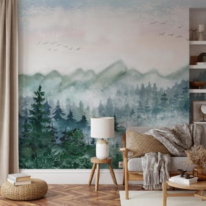 Woodland Watercolor Peel and Stick Wallpaper Mural - Green Pine Trees Forest and Mountains Temporary Wallpaper,Boy or Girl Room Wallcovering
