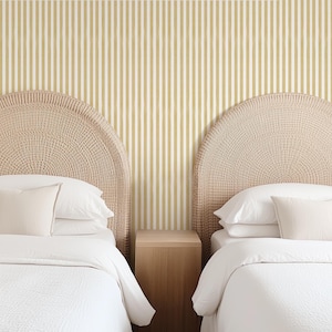 Vertical Mustard Stripe Wallpaper Peel and Stick - Neutral Tone Yellow Striped Renter Friendly Wallpaper, Modern Aesthetic Farmhouse Design