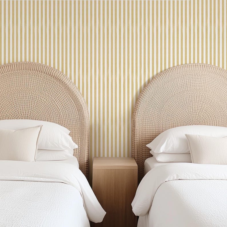 Vertical Mustard Stripe Wallpaper Peel and Stick - Neutral Tone Yellow Striped Renter Friendly Wallpaper, Modern Aesthetic Farmhouse Design