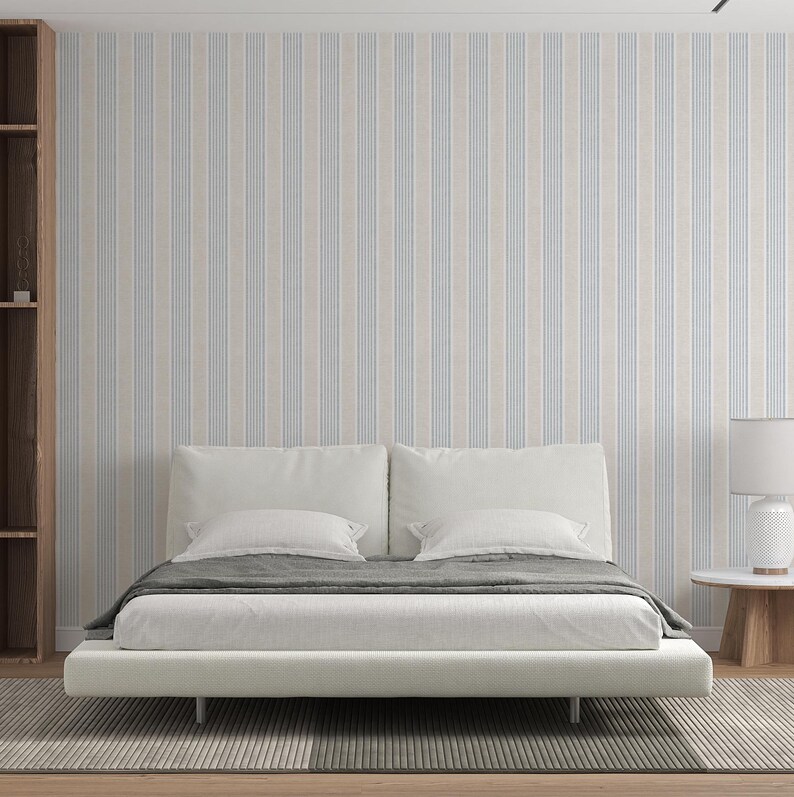 Light Blue Farmhouse Striped Self Adhesive Wallpaper – Blue & Beige Elegant Temporary Renters Wallpaper for Living Room, Kitchen