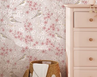 Spring Sakura Cherry Blossom Peel and Stick Wallpaper - Japanese Garden Botanical Temporary Wallpaper EW50