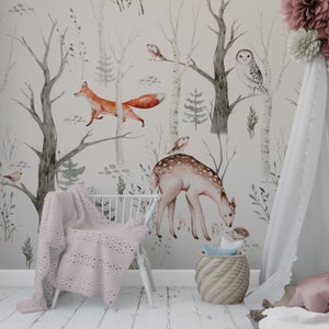 Peel and Stick Wallpaper Forest Mural Kids Removable Wallpaper Forest Removable Watercolor Forest Tree Wallpaper Deer Kids Room Wallpaper