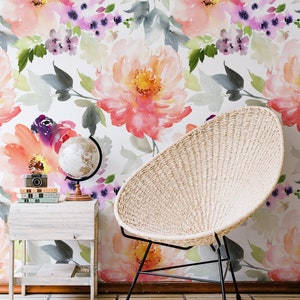 Peel and Stick Wallpaper Large Scale Floral Wallpaper Watercolor Wallpaper Wall Art Watercolor Wallpaper Flower Nursery Wall Mural