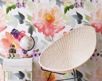 Peel and Stick Wallpaper Large Scale Floral Wallpaper Watercolor Wallpaper Wall Art Watercolor Wallpaper Flower Nursery Wall Mural