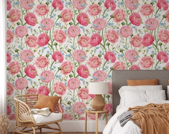 Peel and Stick Watercolor Wallpaper Flower Wallpaper Floral Mural Botanical Wallpaper Pink Wallpaper Girl Wallpaper