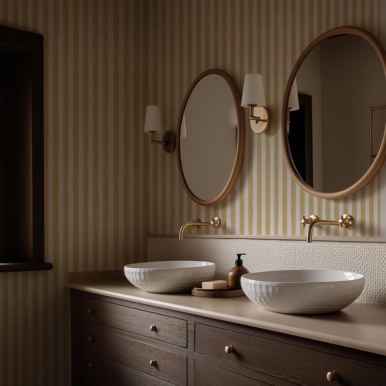 Vertical Mustard Stripe Wallpaper Peel and Stick - Neutral Tone Yellow Striped Renter Friendly Wallpaper, Modern Aesthetic Farmhouse Design