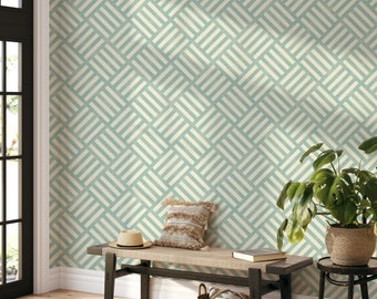 May include: A light blue and white geometric patterned wallpaper with a woven design. A wooden bench with a woven basket and a potted plant are in front of the wallpaper.