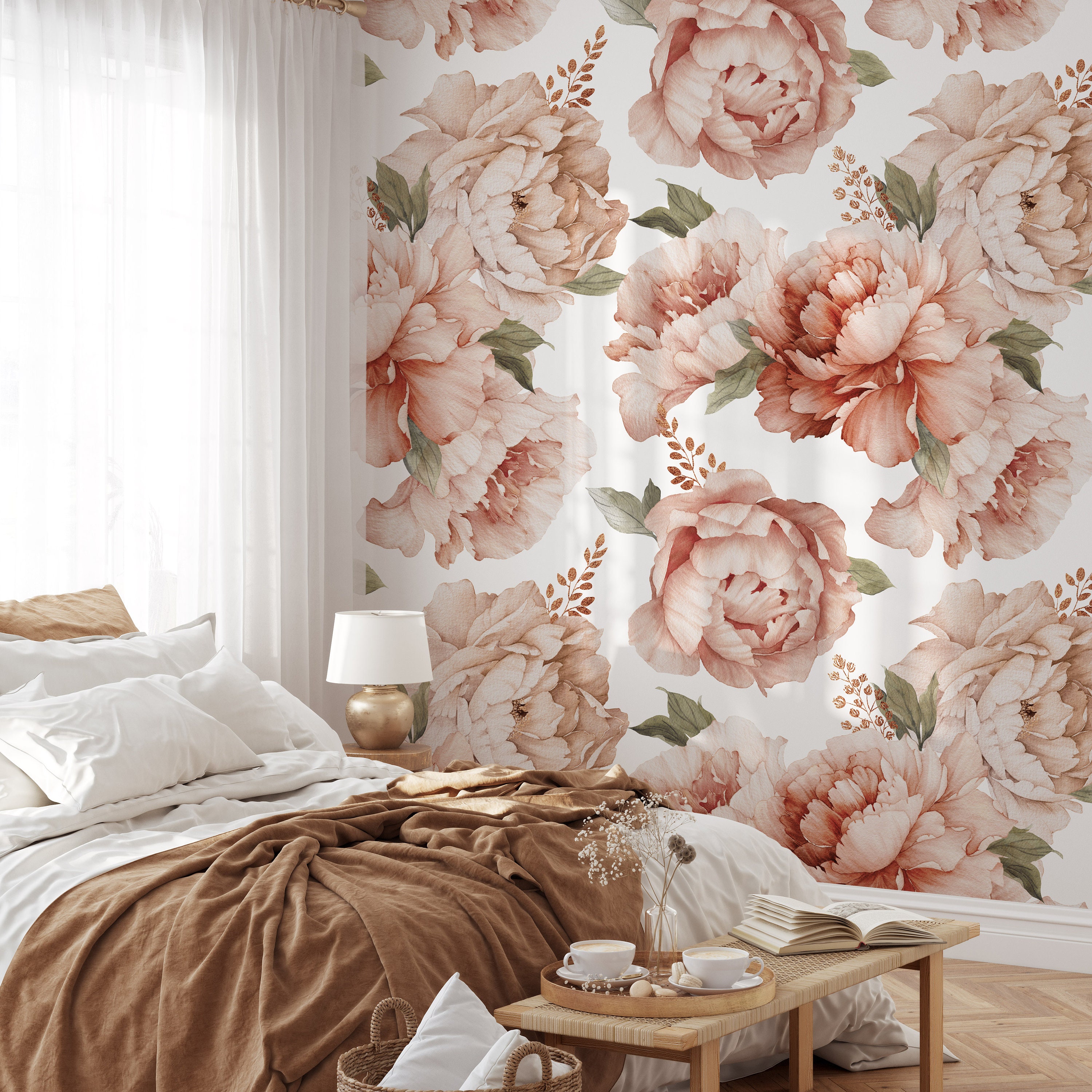 Peel and Stick Wallpaper Floral Peony Print Large Floral Wallpaper Eco ...
