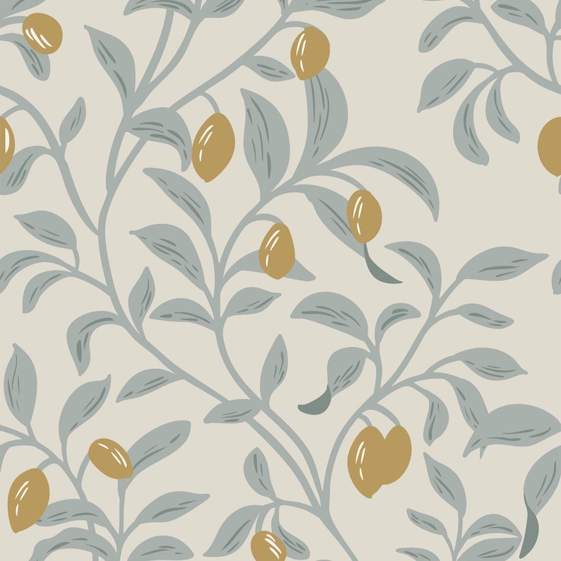 Dusty Green Olive Tree Wallpaper Peel and Stick - Modern Mediterranean Self Adhesive Wallpaper,Olive Branch Farmhouse Accent Wall Design