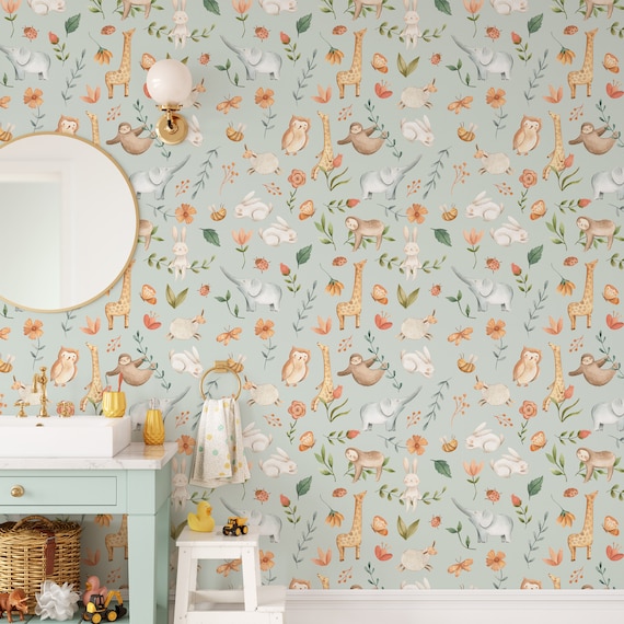 Peel and Stick Wallpaper Nursery Wall Paper Safari Nursery Print Animal Wallpaper Baby Nursery Decor Temporary Wallpaper EW6