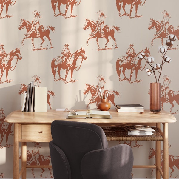 Western Cowboy Mural Wallpaper Peel and Stick - Boho Beige Temporary Wild West Wallpaper for Renters