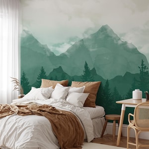 Green Forest Landscape Peel and Stick Wallpaper Mural - Forest Background with Pine Trees and Mountains Removable Wallpaper for Renters
