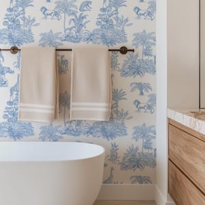 Blue French Toile De Jouy Wallpaper Peel and Stick, Baby Blue Jungle Animals Removable Wallpaper, Modern Farmhouse Temporary Wallpaper