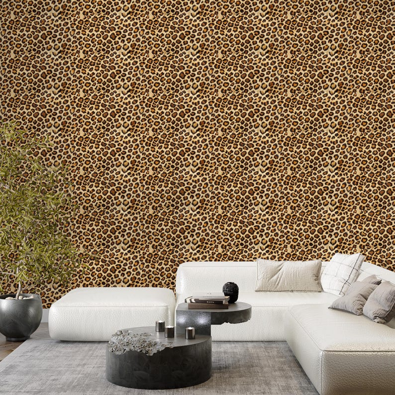 Glamour Leopard Fur Print Peel Stick Wallpaper for Living Room - Wild Animal Print Wall Covering, Temporary Wallpaper for Renters