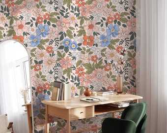 Floral Peel and Stick Wallpaper Mural Wall Art Colorful Wall Mural Floral Wallpaper Vintage Retro Floral Wallpaper Flower Wall Mural