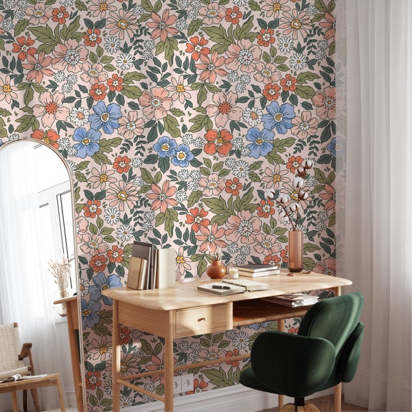 Floral Peel and Stick Wallpaper Mural Wall Art Colorful Wall Mural Floral Wallpaper Vintage Retro Floral Wallpaper Flower Wall Mural