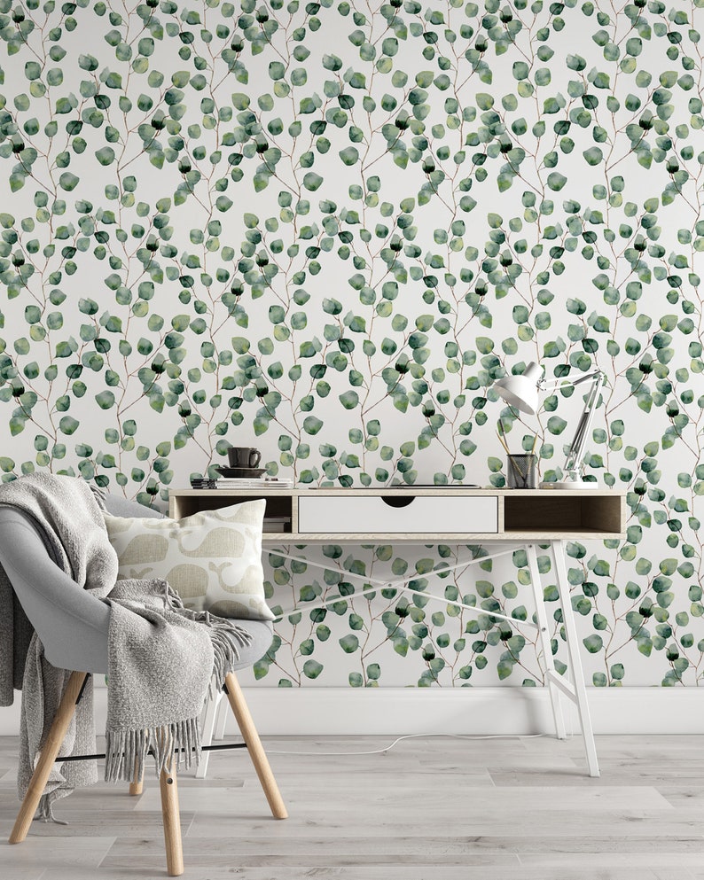 Removable Wallpaper Eucalyptus Mural Wallpaper Botanical Green Etsy